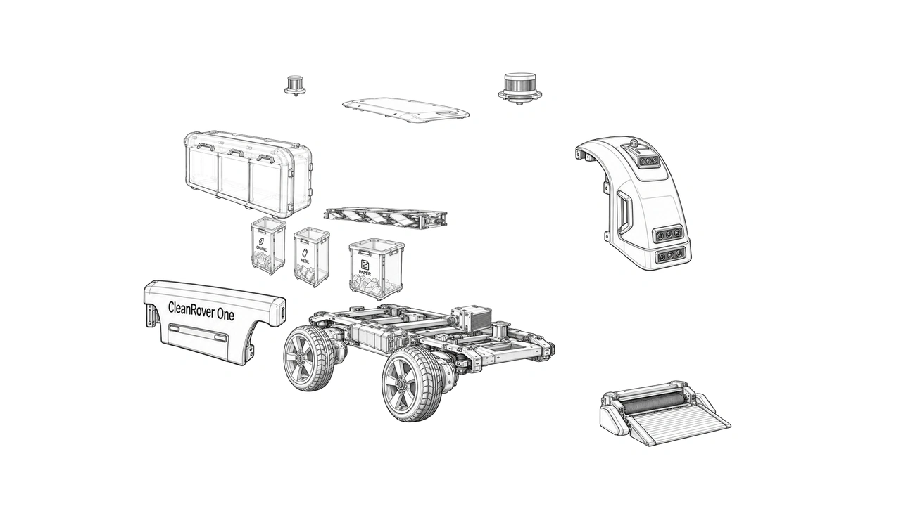 Exploded industrial-design sketch of CleanRover One’s components.