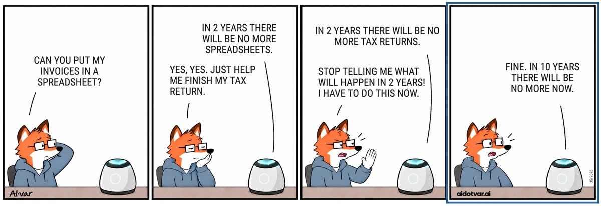 The same comic after AI rearranged the dialogue into clear reading order, removed text overlaps and repositioned the connectors to the fox and AI pod.