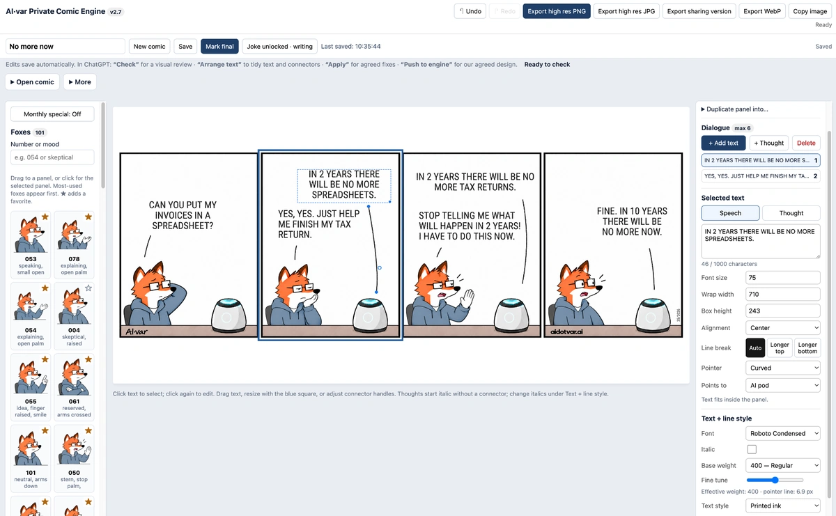 Comic Engine editor with a library of fox poses on the left, a four-panel comic in the centre, and dialogue and connector controls on the right.